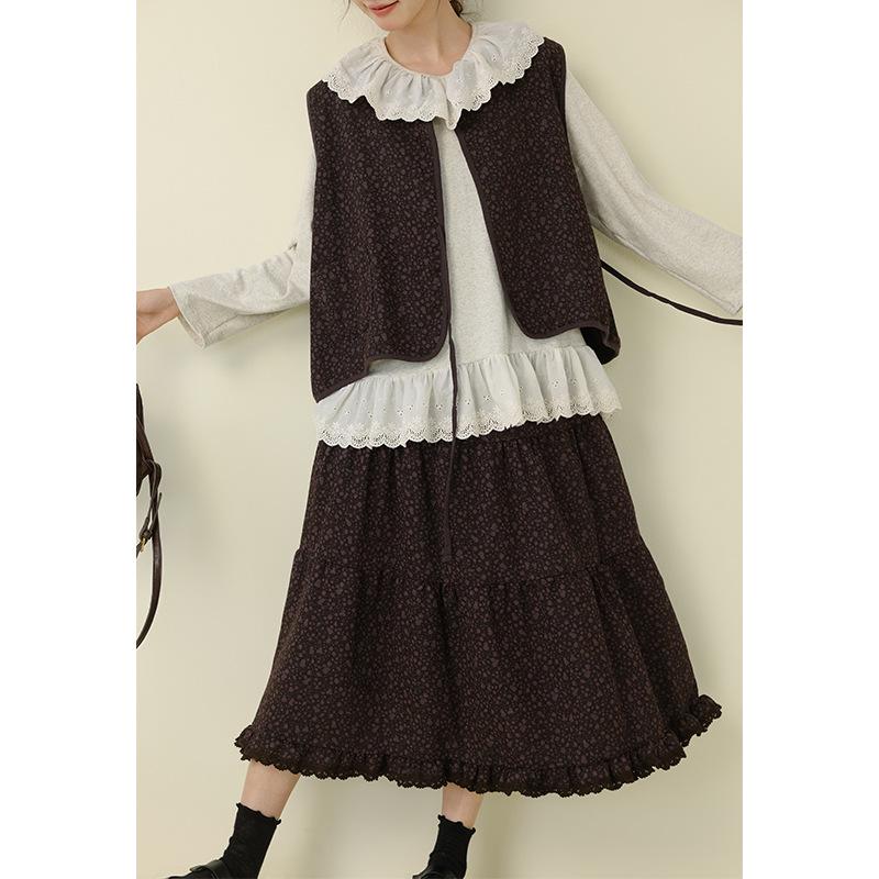 Mori-stil Retro Blommig Dubbellagers Väst med Midi Tårtkjol - Damernas Mångsidiga 2025 Vardagskläder Set