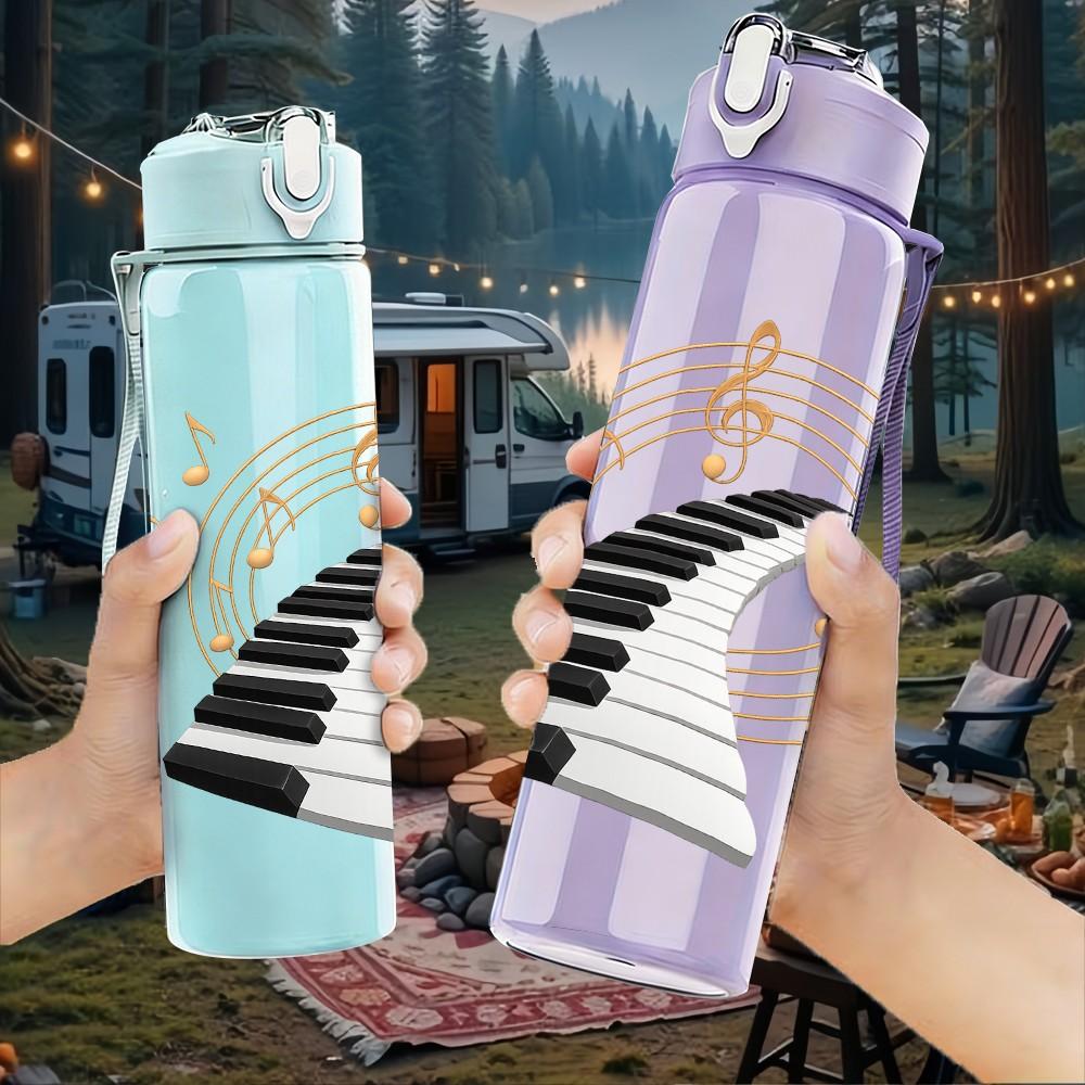 1PC Piano Keyboard Musical Note Art 750ml Color Plastic Sports Water Bottle Leakproof Flip Straw Lid Suitable for Sports Office Home Use
