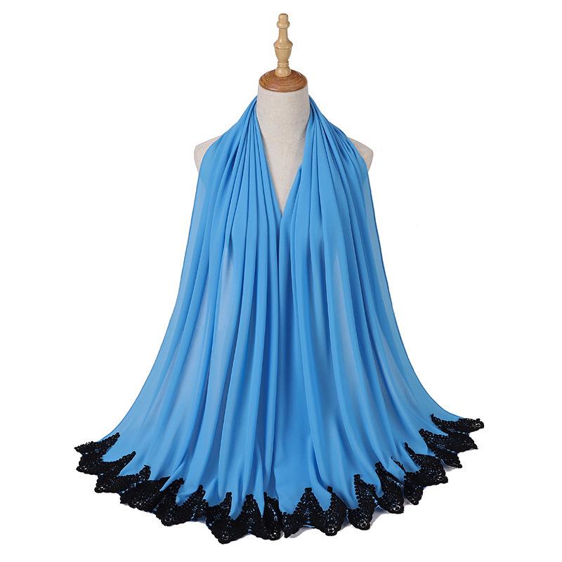 New Pearl Chiffon Malaysia Fashion Black Lace Scarves Muslim Shawl Plain Soft Turban Head Wraps Headband