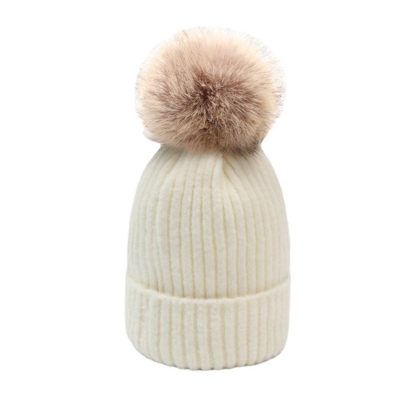 Winter Adult Mohair Hidden Button Hairball Knitted Hat, Solid Color Women's Warm Wool Hat