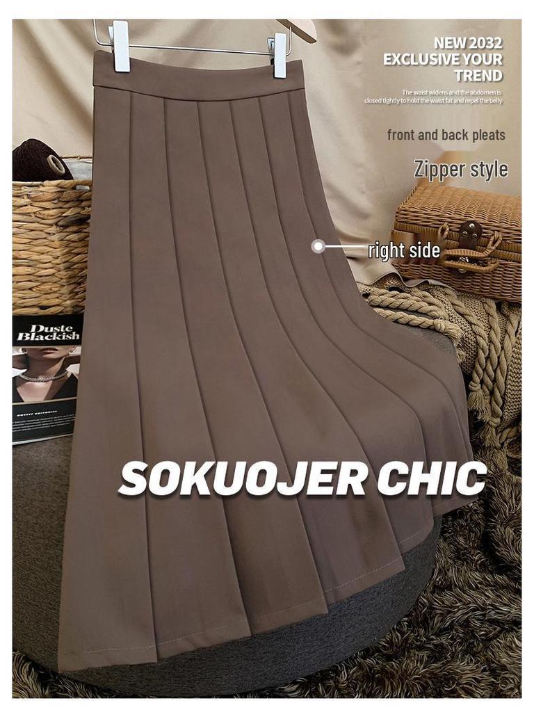 Högkvalitativ medellång plisserad A-linjeformad kjol med resår i midjan för kvinnor - Mångsidig höst/vinterstil