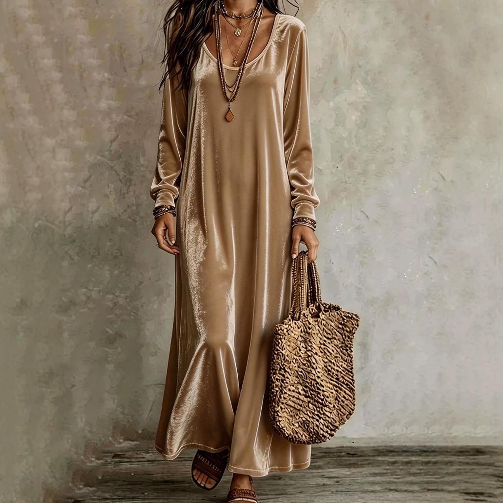 Elegant 2026 European & American Velvet Long-Sleeve Dress for Women