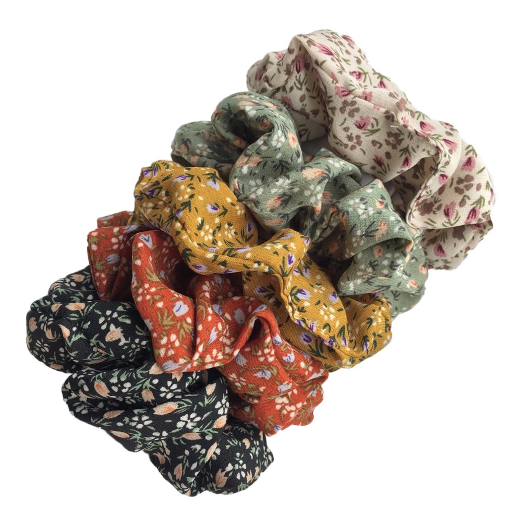 5pcs/set Sweet Cute Print Flower Scrunchies For Women Stretch Hair Accessories Elastic Rubber Band Rope Headwear Ditsy Floral
