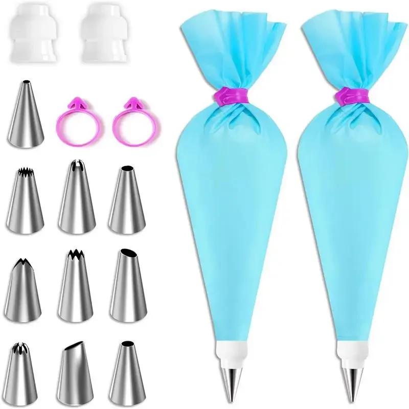 

Silicone pipe tips and bags set, cake diy decoration kit with stainless steel spout, reusable silicone pastry baking tool