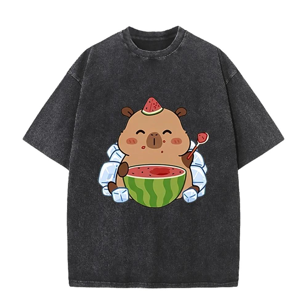 2026 Vintage Washed Beige Cute Capybara Watermelon Graphic T Shirt Summer Ice Animal Print Oversized Casual Short Sleeve Tee