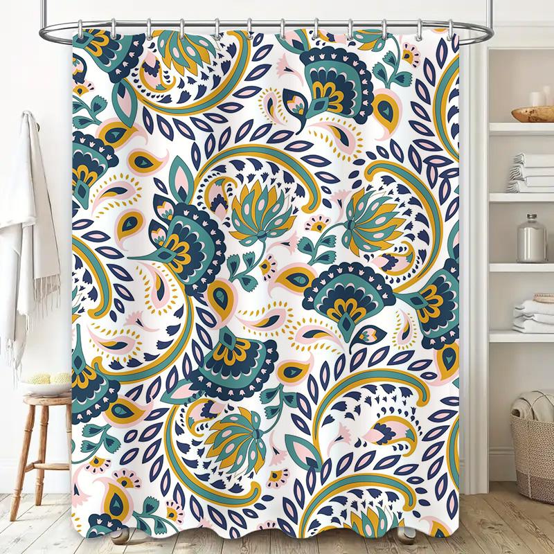 Vibrant Floral Shower Curtain Waterproof Fabric for Bathroom Decor in Navy Blue and Teal Green Size69x70 inches / 180x245cm