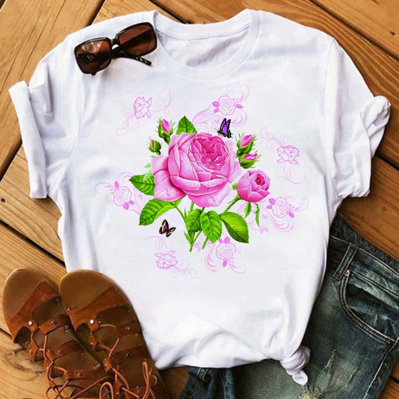 Women Flower Butterfly Fashion Print T Shirt Casual Short Sleeve Ladies T Tee Female Top Shirt Clothes Womens Graphic T-shirt