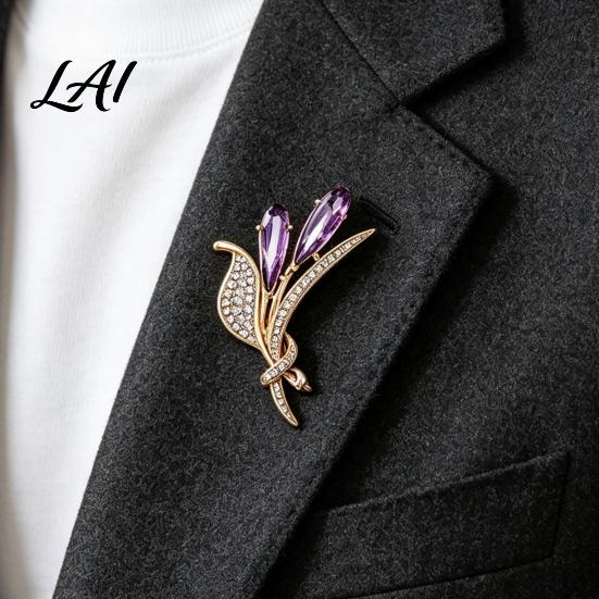 Women Branch Pin Ear of Wheat Brooch with Rhinestone Faux Purple Crystal Vintage Badge Lapel Pin Dainty Jewelry for Coats Sweaters Scarves