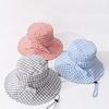 Korean Style Fine Plaid Fisherman Hat Bow Wide Brimmed Sunscreen Basin Cap with Windproof Rope Polyester Folding Sun Cap Daily
