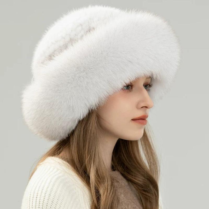 Mink Hair Woven Hat Women's Winter Korean Version Warm Ear Protection Fur Hat with Wide Fox Burr Edge Bucket Hat