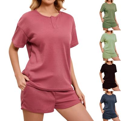 Kadın Pijama Takımları 2 Parça Kısa Kollu Gecelik Rahat Şort Takımı Yumuşak Cepli