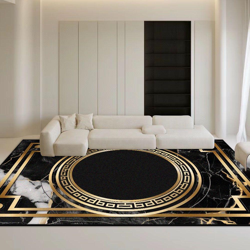 Marble Style Black Carpet Non-slip Big Size Golden Border Luxury Decor Rug for Living Room Soft Easy Cleaning Coffee Tables Mat