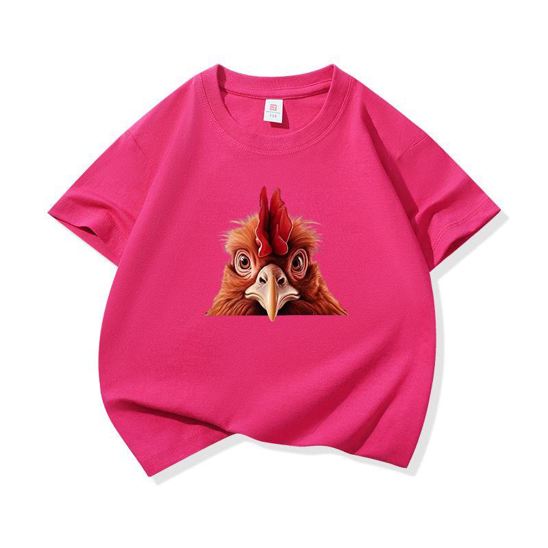 Kids Cotton T Shirt Cute Peeking Chicken Print Crew Neck Short Sleeve Tee Casual Breathable Boys Girls Summer Tops