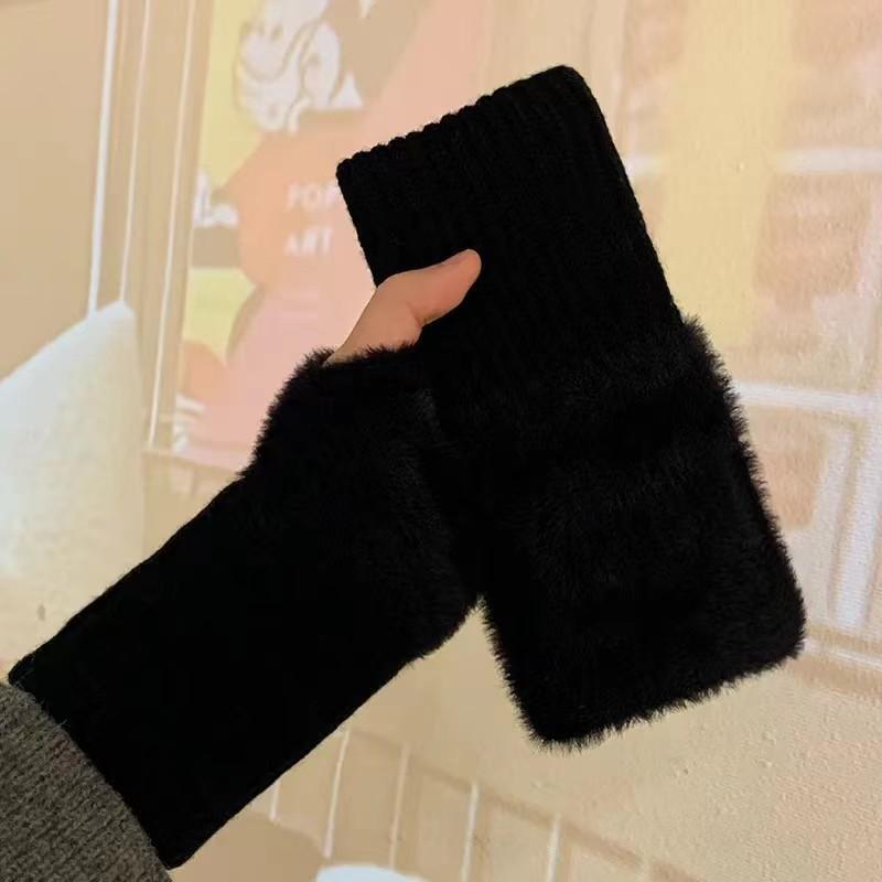Soft Winter Half Finger Gloves Women Warm Luxury Solid White Plush Knitted Fingerless Gloves Wrist Mittens Writting