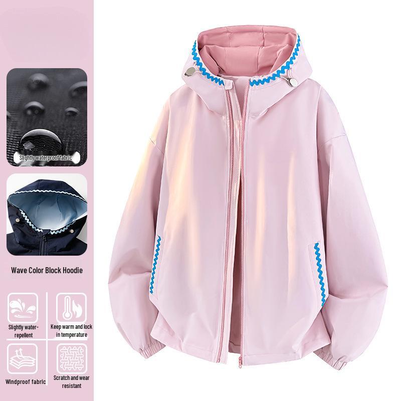2026 Women's Color Block Hooded Windproof Waterproof Mountaineering Jacket