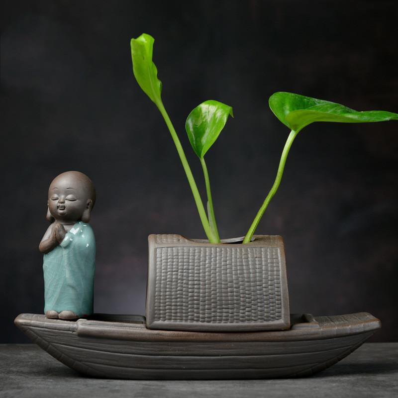 DXUIALOI Neu Chinesisch Kreativ Hydrokultur Pflanzen Chrysantheme Kupfer Geld Blumentopf Vase Zen Keramik Handwerk Heimdekoration