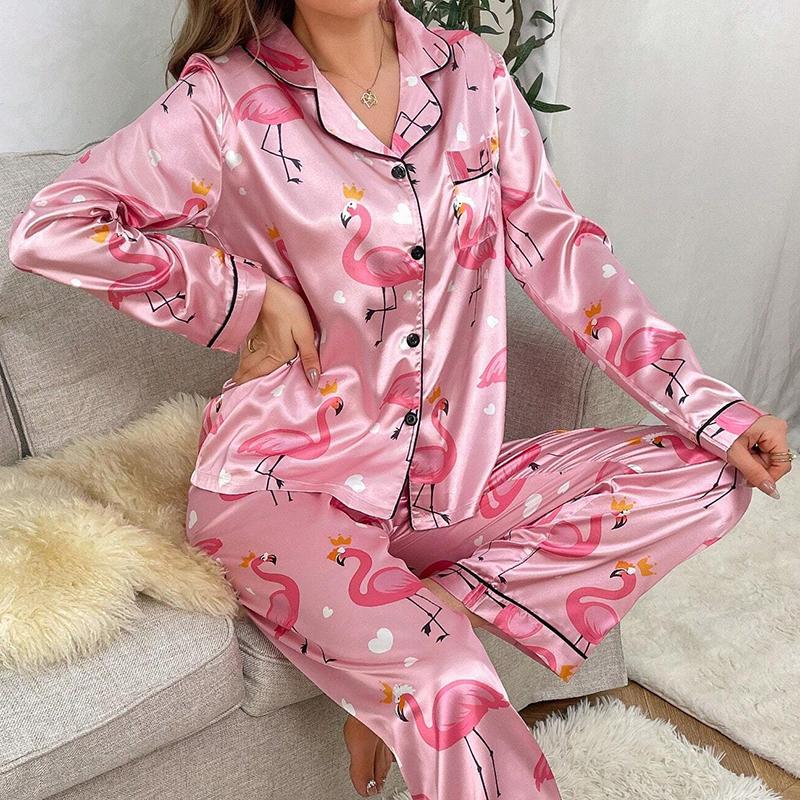 

Women s Red Lip Print Satin Sleepwear Lounge Set Autumn Long Sleeve Button Up Lapel Collar Top Pants Pyjama Femme Loungewear S розовый