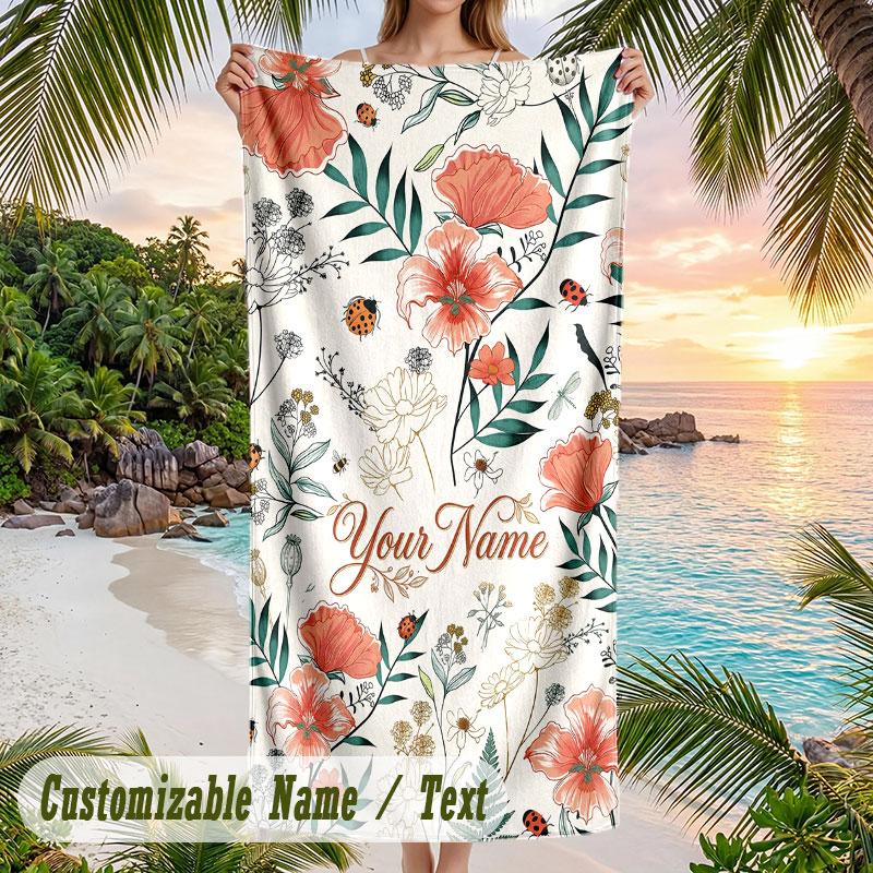 Floral Elegance Card 7 Theme Quick Dry Beach Towel Custom Name Text Print Large Sand Resistant Towel Beach Vacation