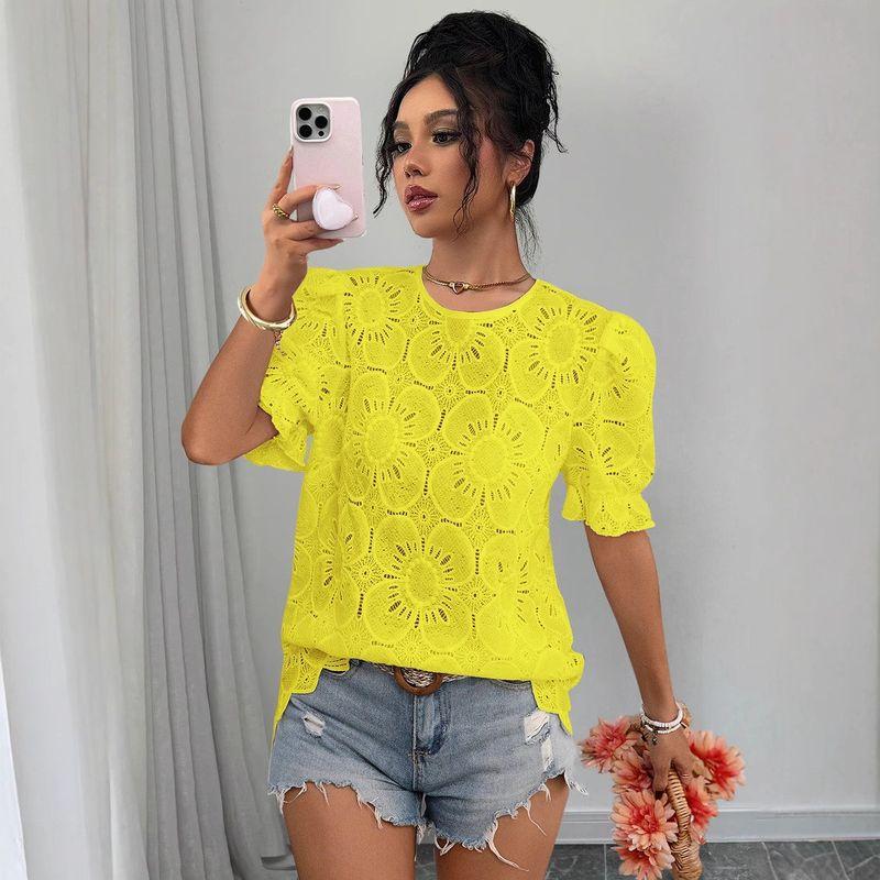 

Sweet White Summer New Western Style round Neck Simple Casual Hollow Lace Bubble Short sleeve Shirts Top Women Yellow M