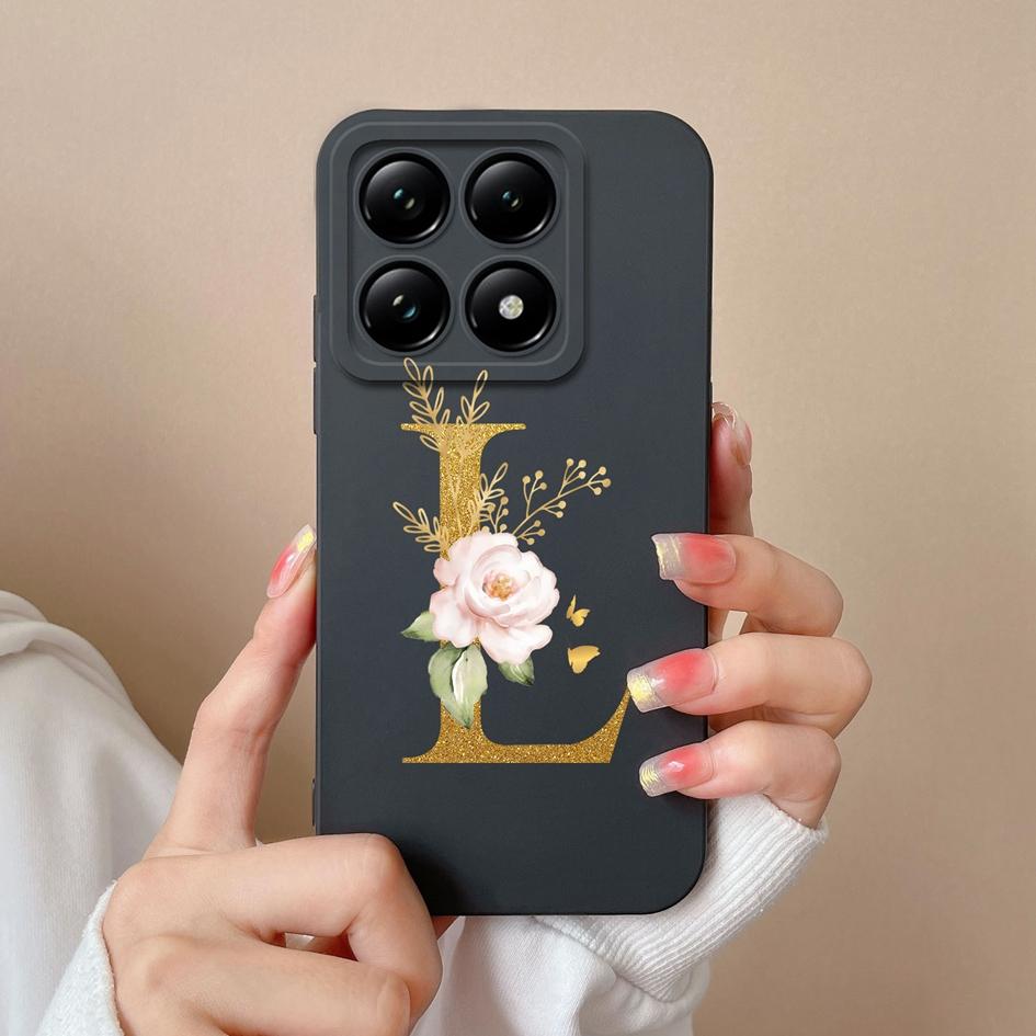 Liquid Soft Silicone Bumper For Xiaomi 14T Pro 5G 14 T Cover Pretty 26 Flower Letters Cases Anti Drop Housing Phone Shell Fundas