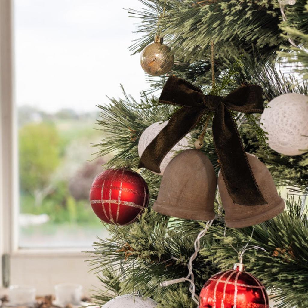 Wooden Bells With Bow Hanging Christmas Decoration, Brown