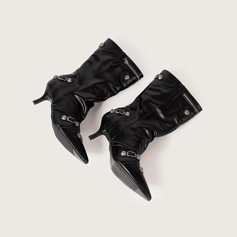 

Pointed boots women s spring 2025 new high-heeled rivet locomotive boots side zipper long tube high tube but knee boots 40