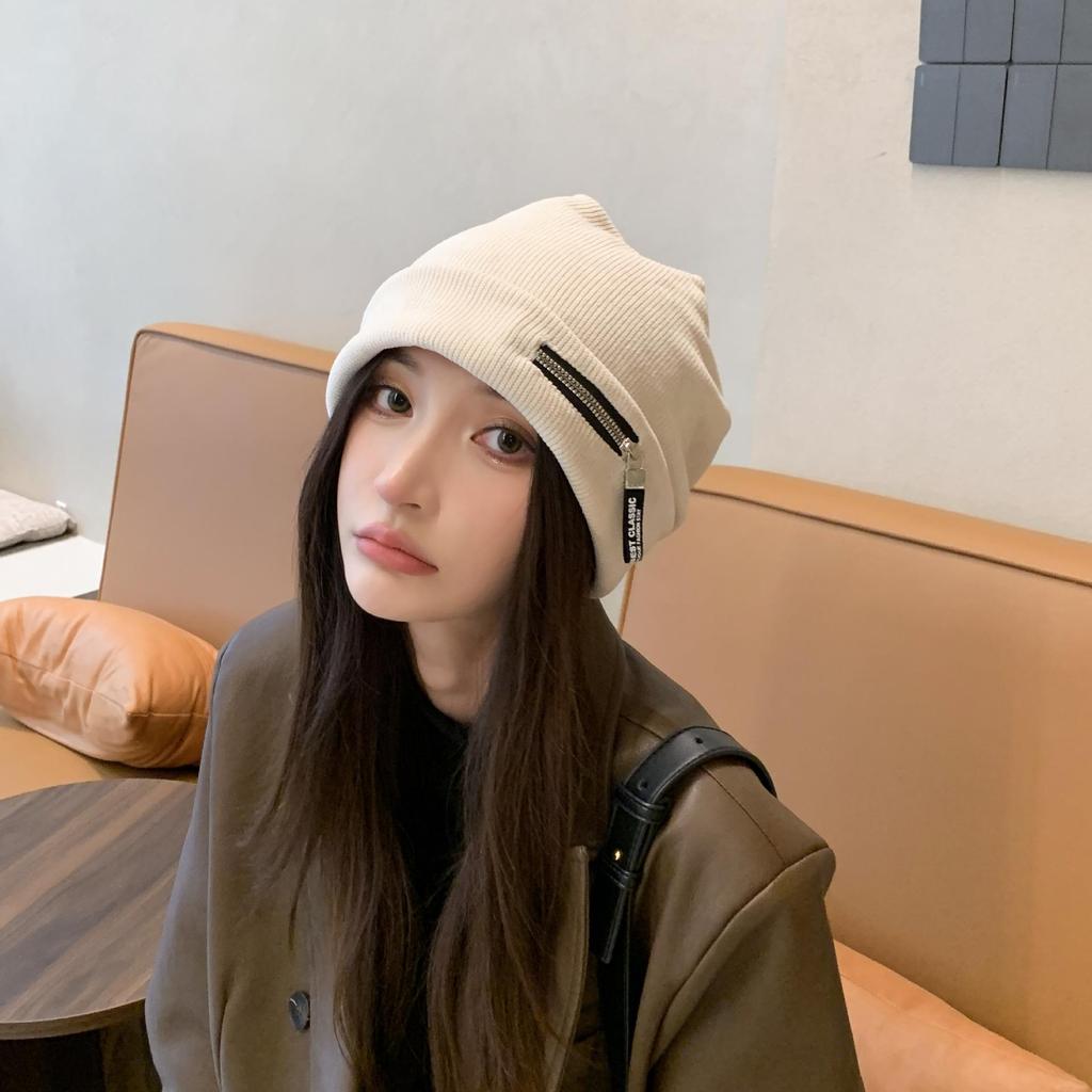 Personalisierte Reißverschluss-Beanie Damen Herbst und Winter neu Gesicht klein gestrickte Tasche Hut Kordel Kältehut Tide