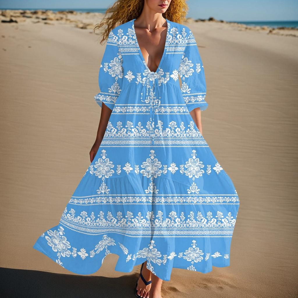 Women's Summer Fashion V-neck Retro Floral Print Short Sleeved Beach Dress With Lace Patchwork Dress