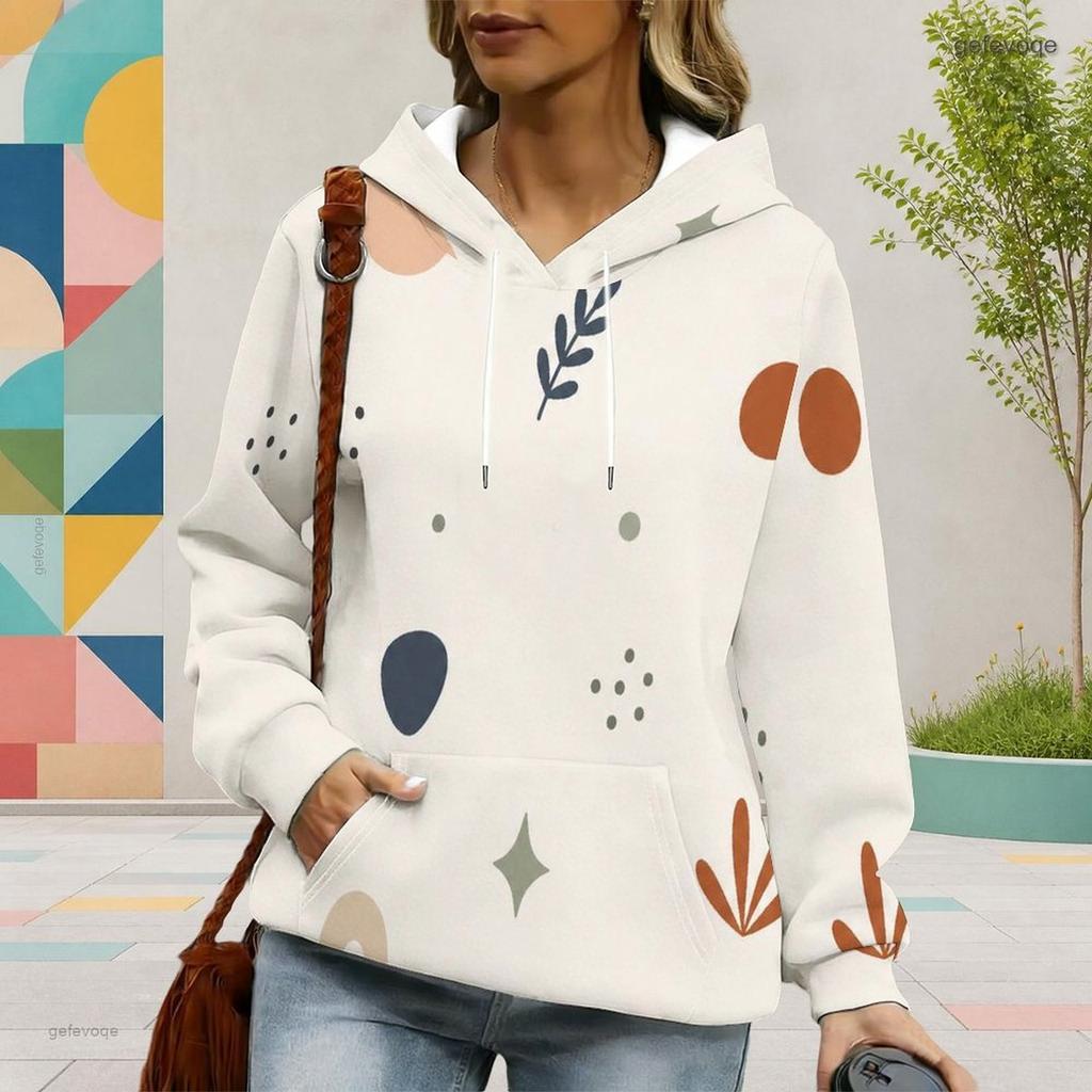 Women Plus Size Off White Printed Long Sleeve Drawstring Hoodie With Kangaroo Pocket