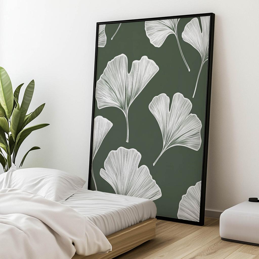 Minimalistyczny Plakat Liści Ginkgo Biloba Minimalistyczny Plakat Liści Ginkgo Biloba, 50X70 Cm, Rama Aluminiowa Czarna, Papier Matowy 230 Gsm