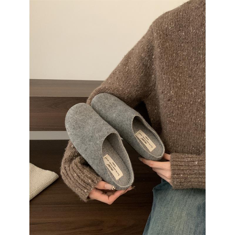 Retro woolen velvet shoes bag head half drag 2025 autumn and winter new outer wear single shoes women's versatile Boken shoes women