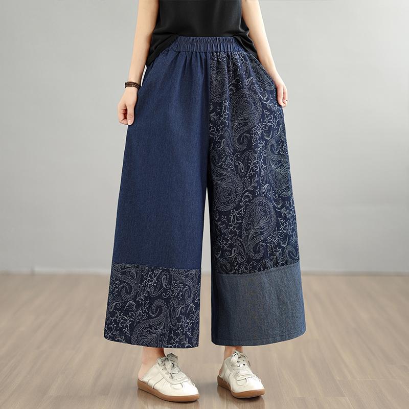 Plus Size Vintage Floral Patchwork High Waist Casual Loose Women Spring Summer Jeans Denim Wide Leg Pants