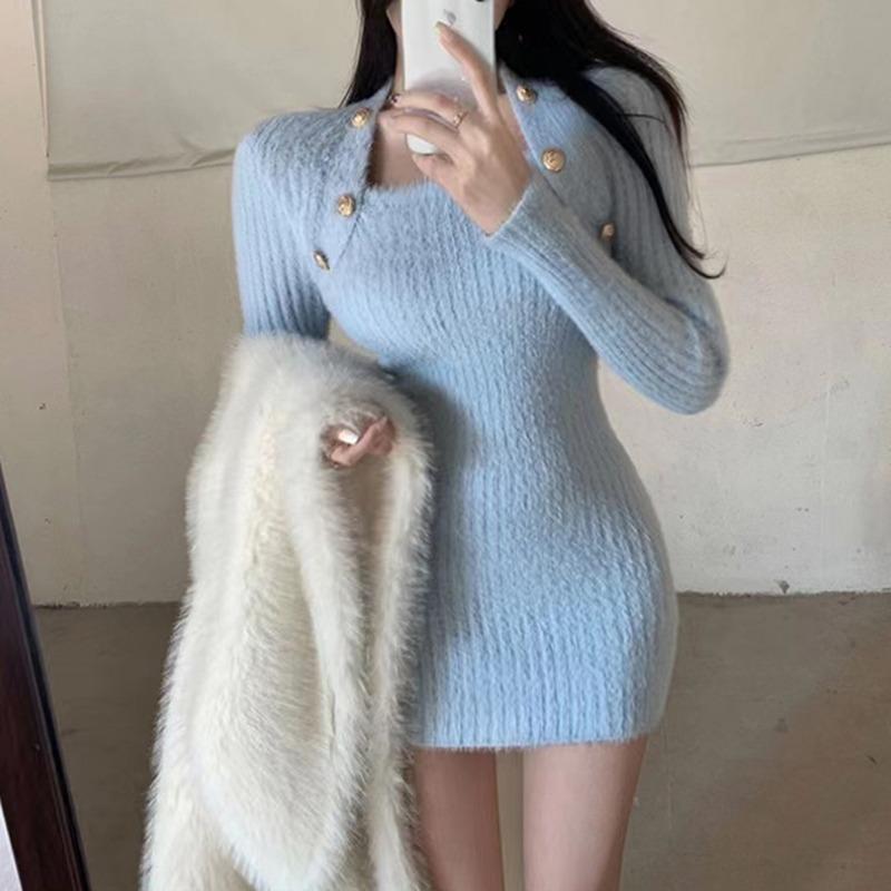 

Новое модное облегающее однотонное сексуальное платье из меха норки для женщин, осень-зима, высокая талия, длинный рукав, повседневные платья, женское элегантное короткое платье 25968 One Size светло-синий