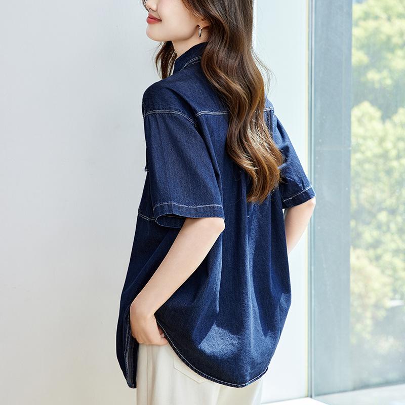 Denim Blue Shirt Women's Short Sleeves Summer New Thin Top Retro Shirt