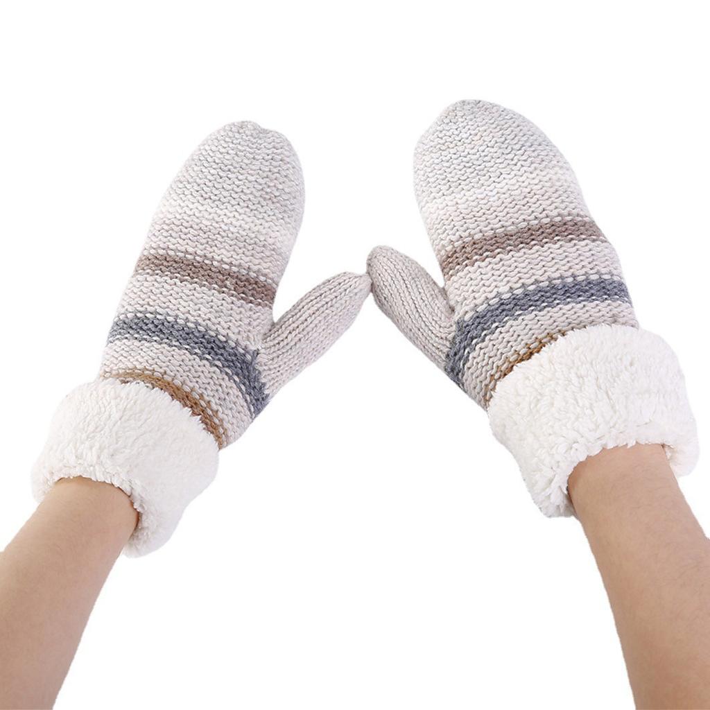 Mittens Striped Mixed Color Warm Gloves Autumn and Winter New Women's Knitted Wool Plus Velvet Thickened Warm Wrist Sleeves