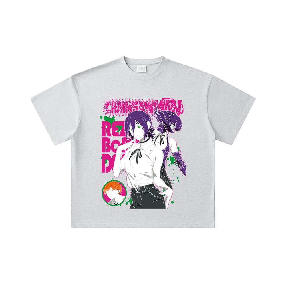 Camiseta Unisex de Algodón Pesado 260 GSM Hilo Doble 32 Count Estampado Chainsaw Man V44 Reze 100% Algodón