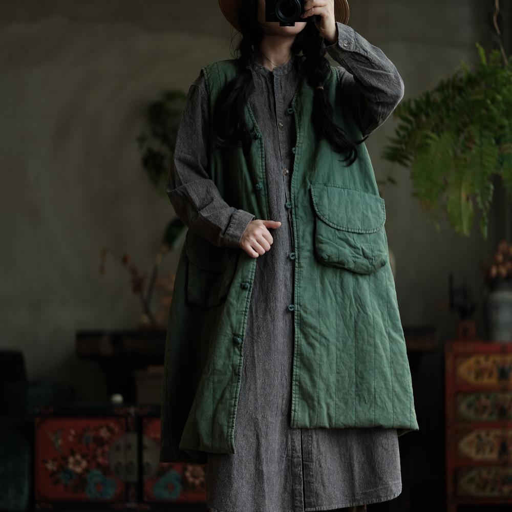 

Johnature Vintage Women Coats Solid Color V-Neck Sleeveless Button Autumn Patchwork Pockets Coats One Size