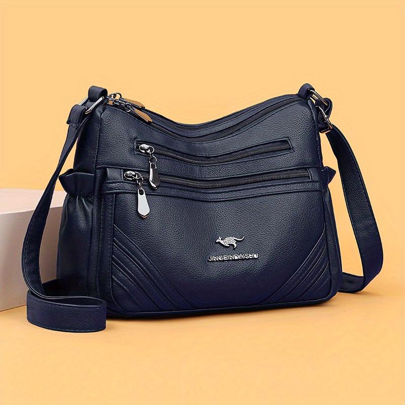 Women's Leather Crossbody Bag Multi-Zipper Pocket Purse with Adjustable Strap Textured Handbag