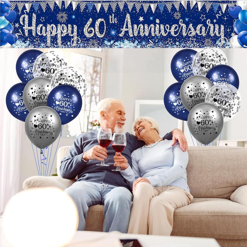 Blue Silver 60th Wedding Anniversary Decorations for Men Women Blue Silver Happy 60th Anniversary Banner and 18Pcs Balloons for 60 Years Wedding