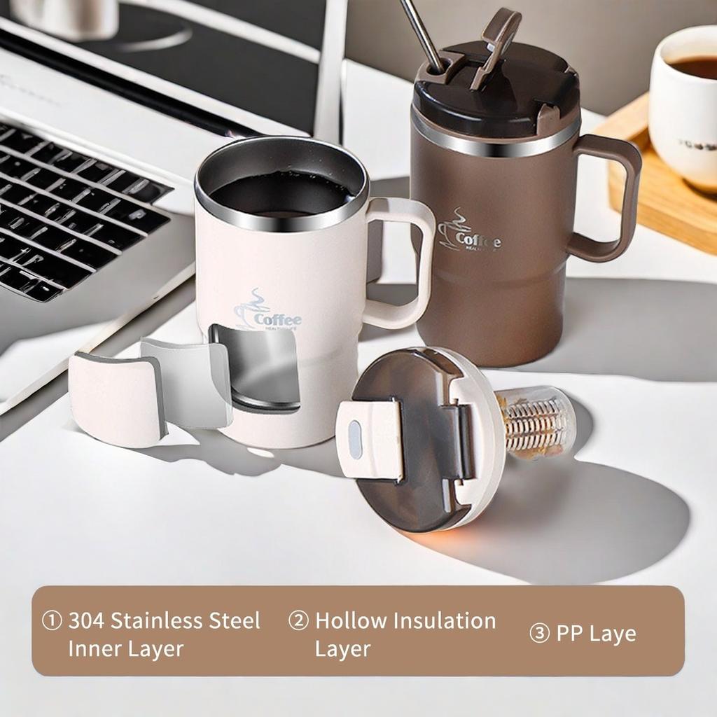 New Coffee Cup With Strainer&Spoon 304 Stainless Steel Office Drinking Cup Leak Proof Portable Tea Milk Coffee Mug
