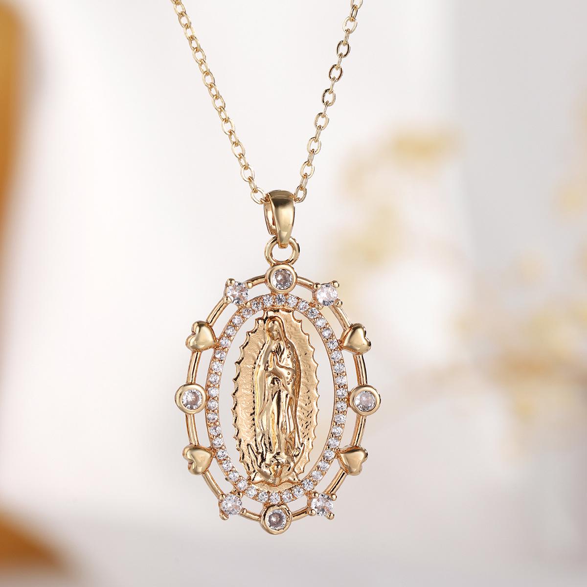 Virgin Mary Zirconia Pendant Necklace – European & American Style, Niche Design, Personalized Copper Clavicle Chain золотой