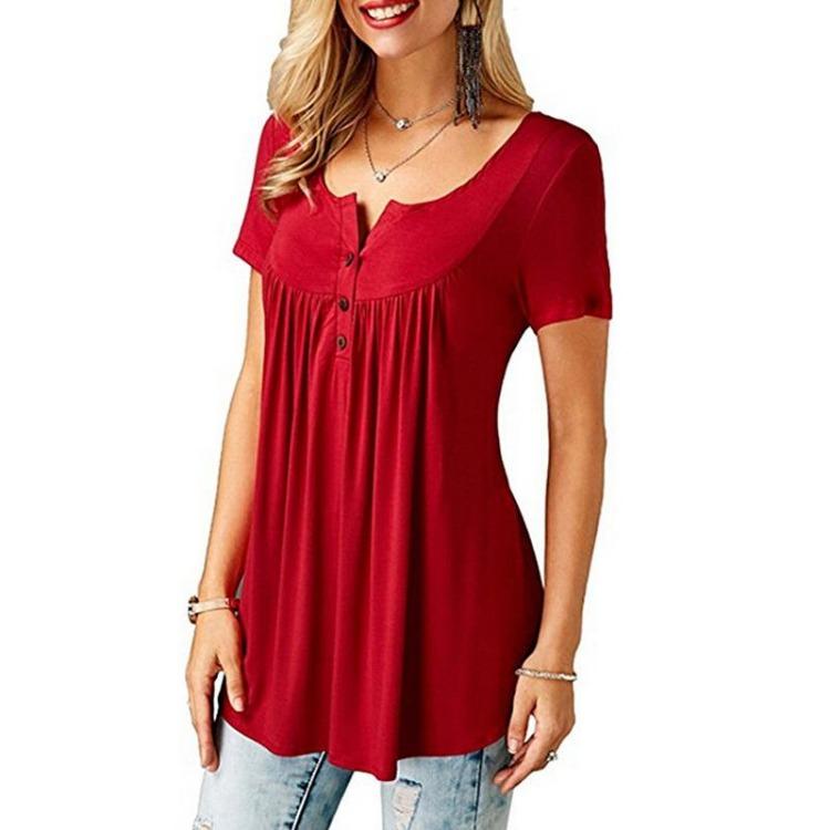 Ladies Casual Women Blouse O Neck Shirts Loose Elastic Short Sleeve Tunic Button Top
