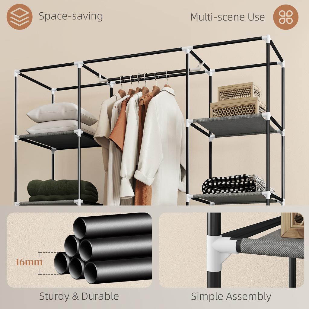 Clothes Storage Organiser with Hanging Rail, Shelves, Portable Wardrobe, Foldable Fabric Wardrobe, Dark Grey