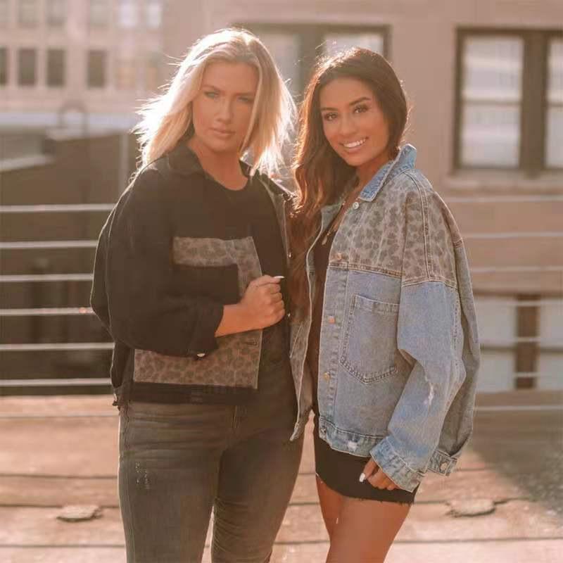 Women's Denim Jacket with Leopard Print Patchwork - Long Sleeve Autumn/Winter Style