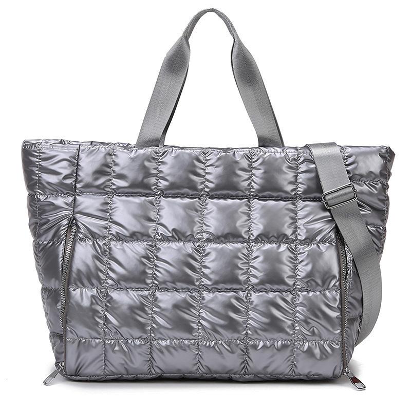 Large Capacity Quilted Tote Bags for Women Solid Color Women's Shoulder Bag for Gym Travel Fashionable Nylon Winter Padded Handbag