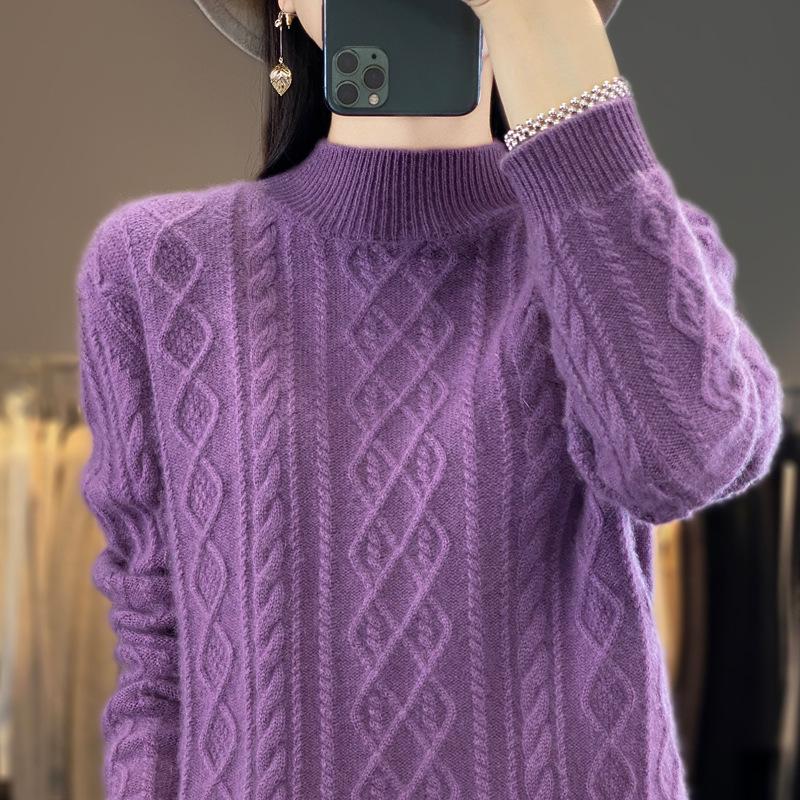 Women's Pure Wool Knitted Pullover Sweater for Autumn-Winter, Round Neck, New 23100