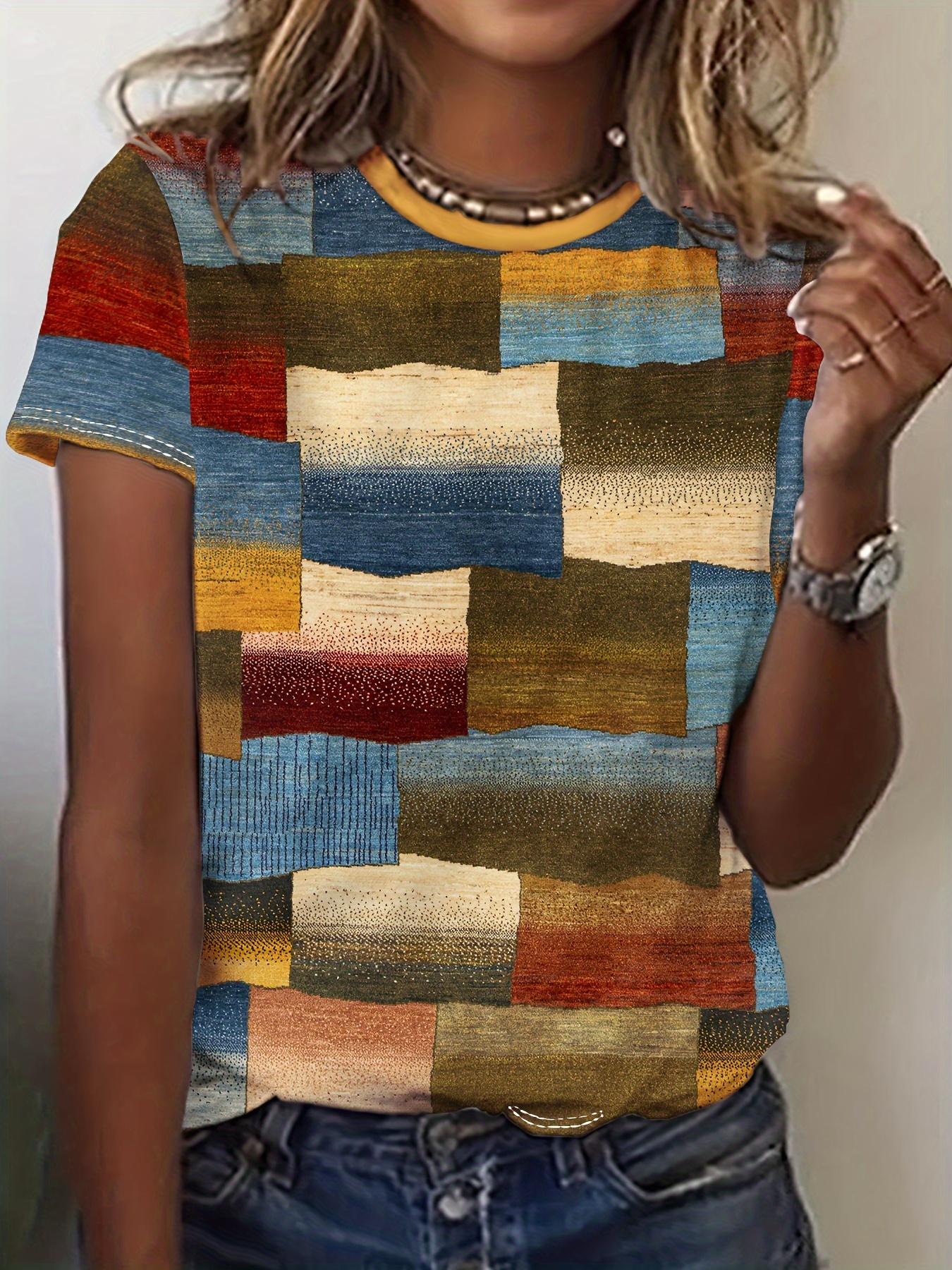 

Летняя женская футболка, клетчатая футболка в стиле кэжуал с круглым вырезом, модная уличная футболка L