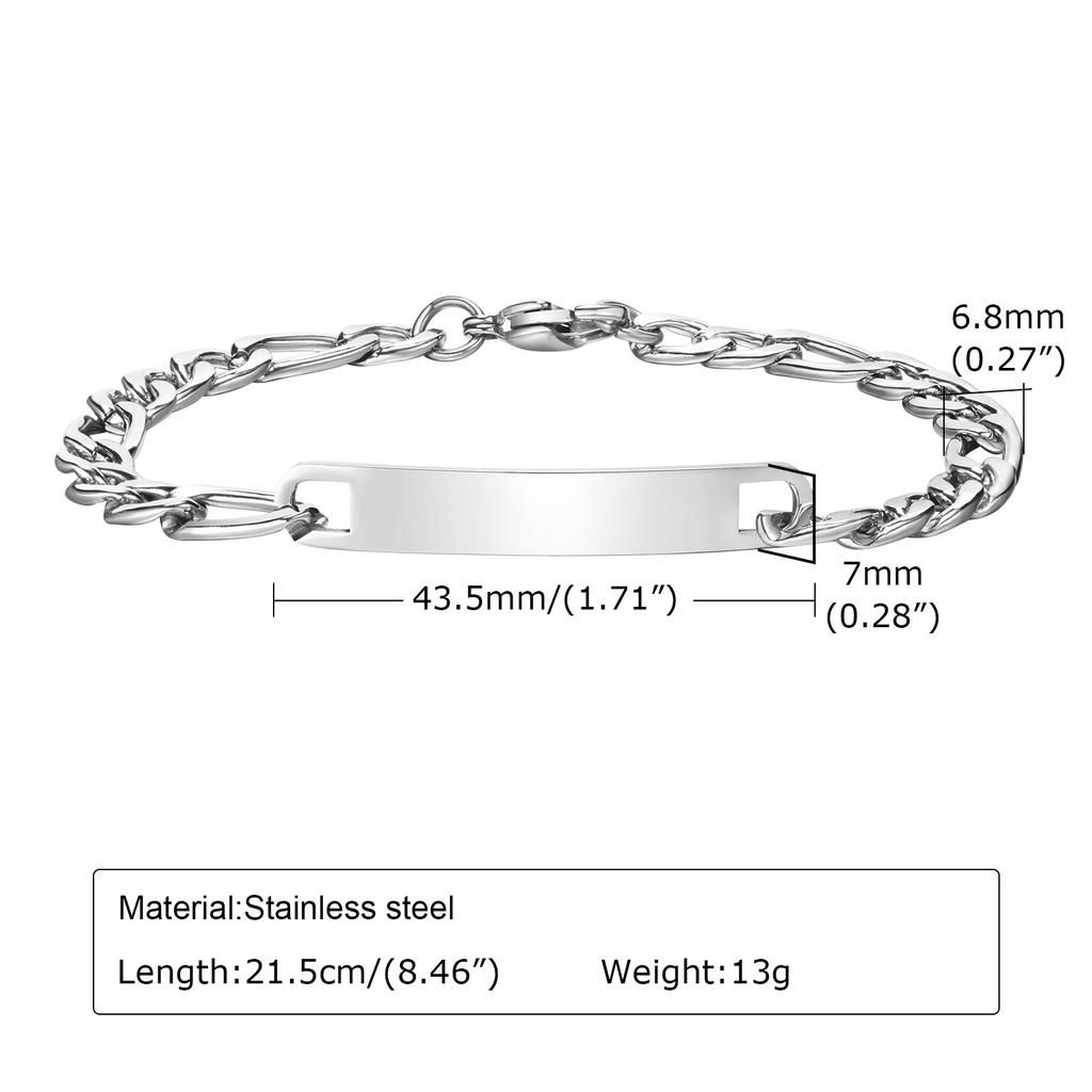 Personalized Matching Bracelet Couples, Stainless Steel Figaro Cuban Chain Link, Heart Danglin Engraving ID Bracelets