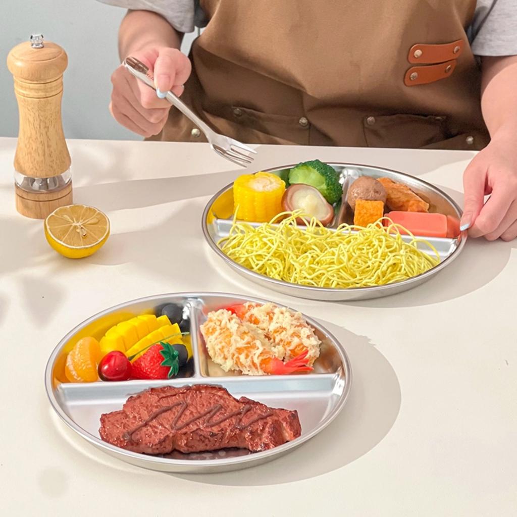 304 Stainless Steel Food Plate Dishes Reusable Round Divided Dinning Plates Fruit Salad Plate For Kids Students Dishwasher Safe