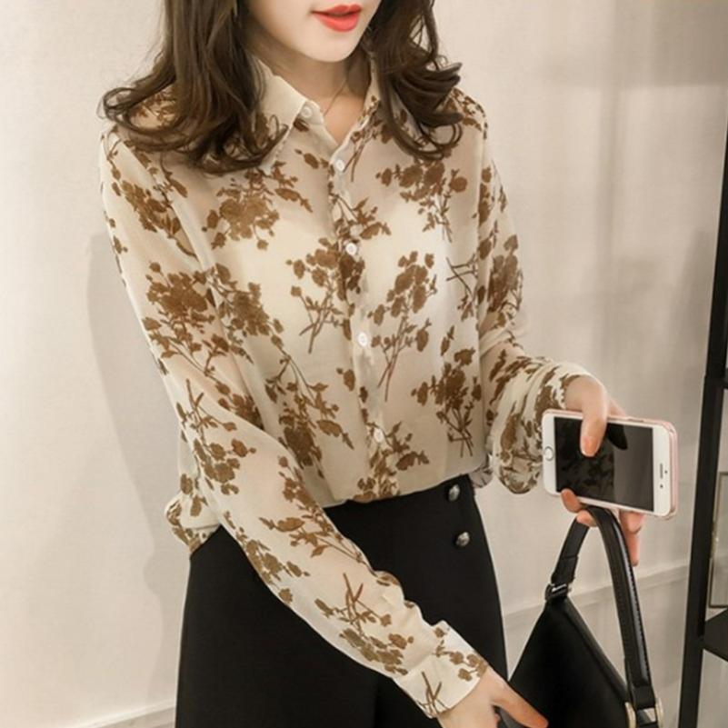 

Floral Shirt Women s Long-sleeved Spring and Autumn Bottoming Shirt Shirt Loose Large Size Retro Spring and Autumn Top 4XL білий
